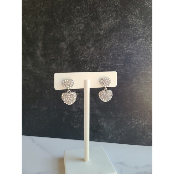 Vintage Rhinestone Heart Shaped Dangling Pierced Earrings - Picture 1 of 10